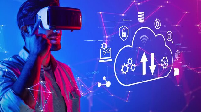 Man Using Virtual Reality Headset with Cloud Computing and Data Transfer Icons in Futuristic Setting with Colorful Background. Entropy.