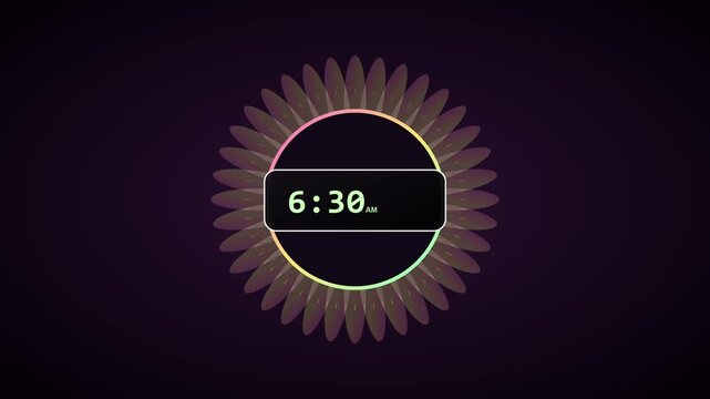 Digital clock display with rotating floral abstract animation, 6:30 am time concept, minimalist modern motion background