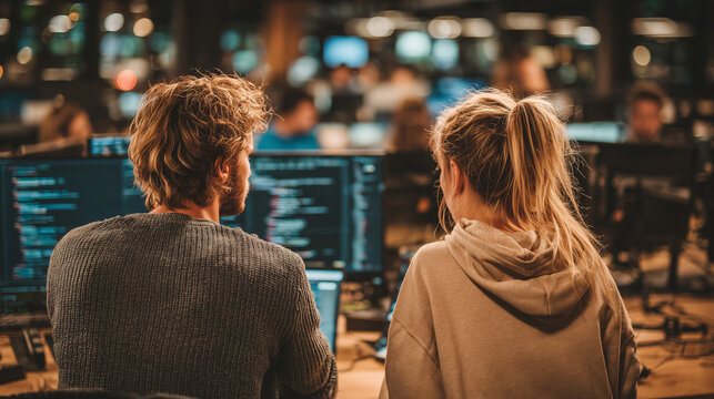Two professional software developers collaborating on a project in a modern, well-lit office. A man and a woman are sitting at a desk, discussing work while looking at a laptop com