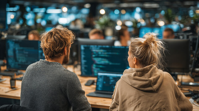 Two professional software developers collaborating on a project in a modern, well-lit office. A man and a woman are sitting at a desk, discussing work while looking at a laptop com
