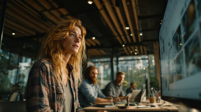 A professional diverse team of developers in a modern, sunlit open-plan office during a project presentation. A female lead developer is giving a presentation on a large green scre