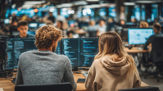 Two professional software developers collaborating on a project in a modern, well-lit office. A man and a woman are sitting at a desk, discussing work while looking at a laptop com
