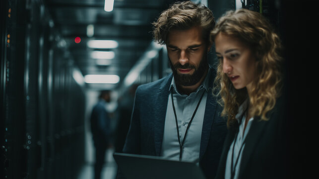Experienced IT engineers working together in a high-tech server room, monitoring network performance and cloud infrastructure using a laptop, enterprise cybersecurity, database management, modern tech