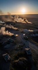 Fototapeta premium Tanks firing in battle on desert field at sunset. Heavy armor convoy in combat during military training exercise. Tactical infantry operation with missile and explosion smoke, war concept.