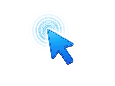 A blue computer mouse cursor with a glowing effect, indicating a click or selection. This icon represents digital interaction and user interface actions