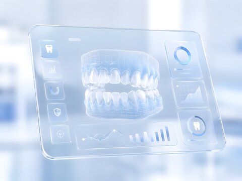 Futuristic transparent screen showing a 3D dental jaw model