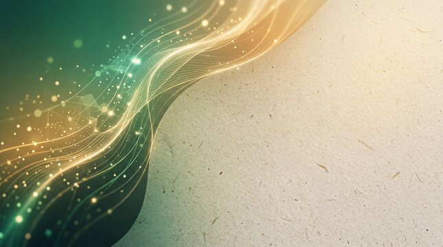 Fundo abstrato com fluxo verde e dourado sobre textura bege