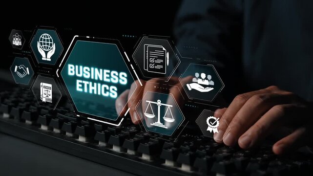 Innovative Concept of Business Ethics and Integrity with Digital Interface Showing Icons of Responsibility, Justice, and Professional Conduct Sigmoid