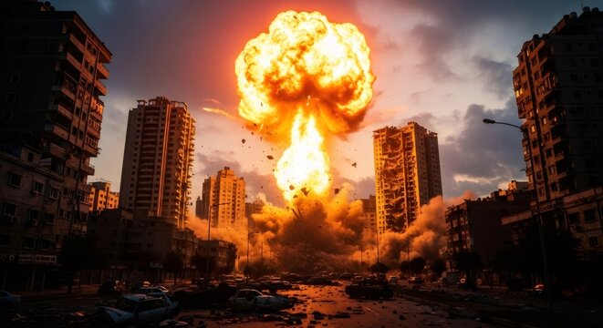 Massive nuclear mushroom cloud explosion over a residential city district. Destroyed buildings and urban ruins during a modern warfare conflict. apocalyptic destruction and nuclear fallout disaster.