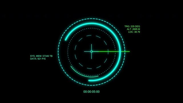 A futuristic circular radar interface featuring glowing rings and green text displaying angle, altitude, location, system memory, data rate, and a timer.