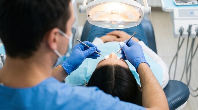 Dentist examining a patient's teeth under a dental light in a clinic