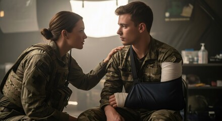 Fototapeta premium Woman medic providing medical assistance to wounded man soldier. Military doctor helping injured serviceman with arm bandage in clinic. Concept of war casualty care and support.