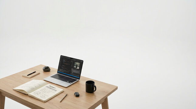 Prompt engineering workspace features an empty desk with a laptop and text space
