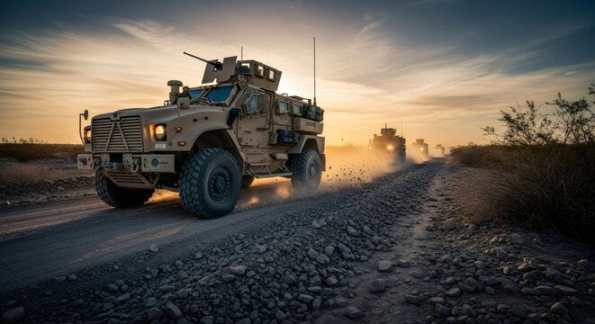 Armored military truck driving on dirt track in desert. Convoy of tactical support vehicles patrolling in dusty terrain. Conflict, defense and peacekeeping mission, military operation.
