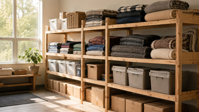 Wooden shelving unit with organized blankets and storage boxes isolated on transparent background
