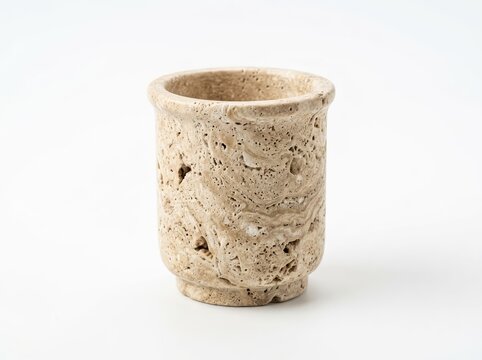 A rustic stone cup, showing natural texture and earthy tones. Its unique, porous surface suggests a handcrafted, artisanal origin, perfect for a touch of natural elegance