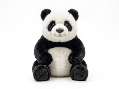 A cute stuffed panda bear sitting down, with its iconic black and white fur and a friendly smile