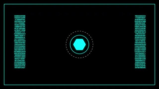 A glowing hexagon at the center of a futuristic digital interface is flanked by columns of alphanumeric code against a black background with neon blue accents.