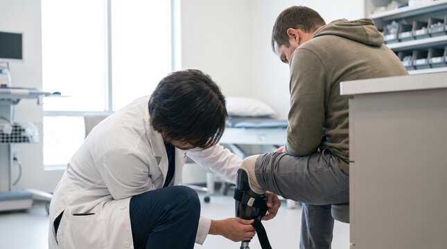 Doctor fitting a knee brace on a patient's leg in an exam room