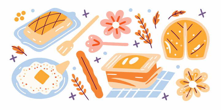 Breakfast Foods And Floral Elements Vector Illustration With Pastel Colors