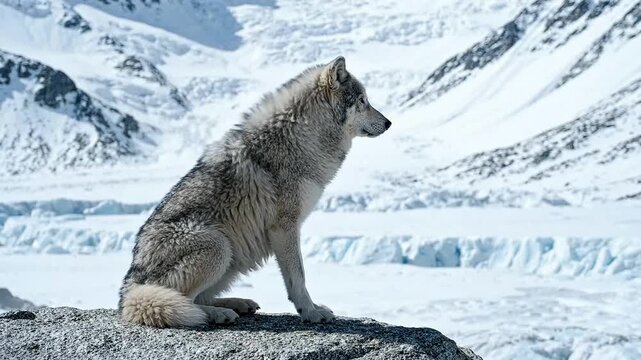 A majestic winter wolf sits patiently on a rocky outcrop observing the vast snow covered mountain landscape during a cold and frosty day in the wilderness of the north