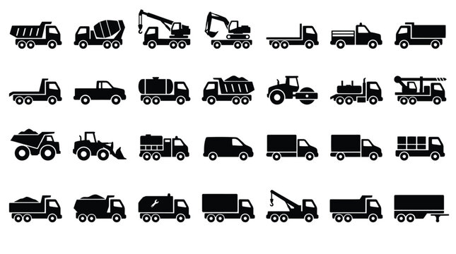 A collection of black and white silhouette icons representing various construction and utility vehicles.