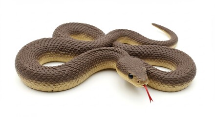Fototapeta premium Curious brown snake with a vibrant red forked tongue flicking out on a clean white studio background. AI Generated