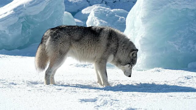 A wild winter wolf sniffing through deep snow in a freezing arctic landscape featuring large glacial ice blocks in the background providing a stark and natural habitat