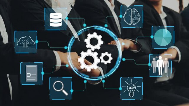 Business professionals engaging in a discussion with digital icons representing technology, analytics, and collaboration concepts to emphasize modern workplace innovation and efficiency. Entropy.