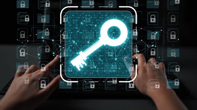 Digital security concept with hands reaching for a glowing key icon amid a network of padlocks and data connections illustrating cybersecurity solutions and data protection strategies Sigmoid