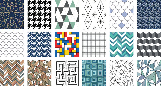 Abstract Seamless Geometric Pattern Collection Vector Set Featuring Modern Decorative Textures, Repeating Backgrounds, and Stylish Surface Design Templates