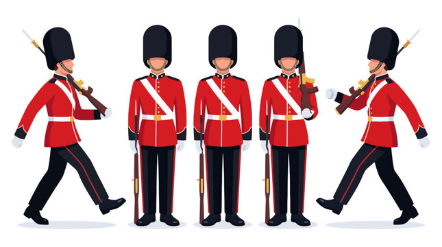 British royal guard characters in traditional red uniform and bearskin hat set. EPS Editable. Vector Illustrations.