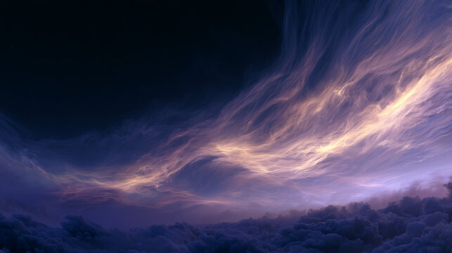 Wispy Colored Clouds Dusk Over Distant Landscape