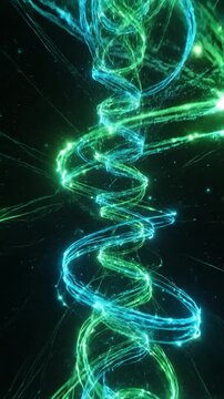 Glowing green and blue energy swirls in a dark space