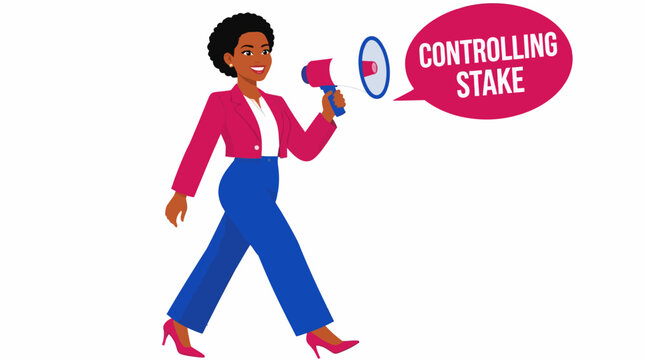 Confident woman holding megaphone with controlling stake text.