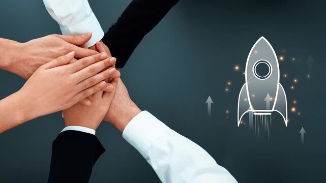 This image showcases hands joining together, symbolizing collaboration and teamwork, alongside a rocket icon, representing growth and progress in a dynamic business environment. Raster