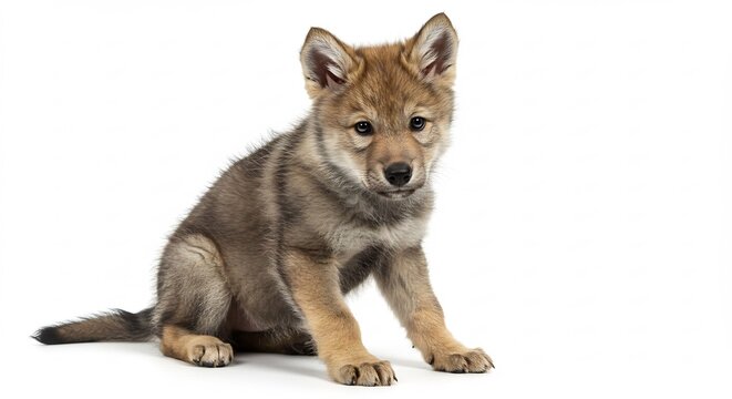 Alert charming wolf pup sits calmly observing under crisp clear studio light on a plain white background. AI Generated