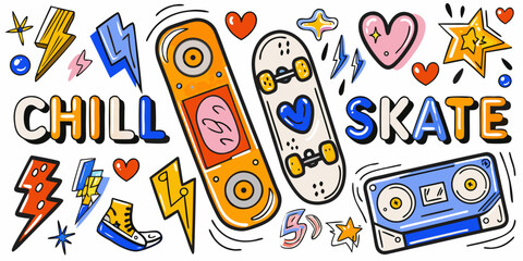 Skateboarding themed hand drawn vector illustration with skateboards cassette tapes and lettering © krishna