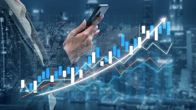 A business professional stands in an urban environment, using a smartphone to track stock market trends represented by digital graphs and arrows signaling growth. Copula