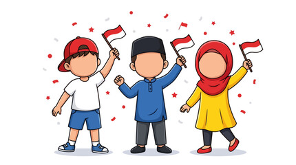 Fototapeta premium Indonesian children celebrating independence day holding national flags vector illustration 1. EPS Editable. Vector Illustrations.