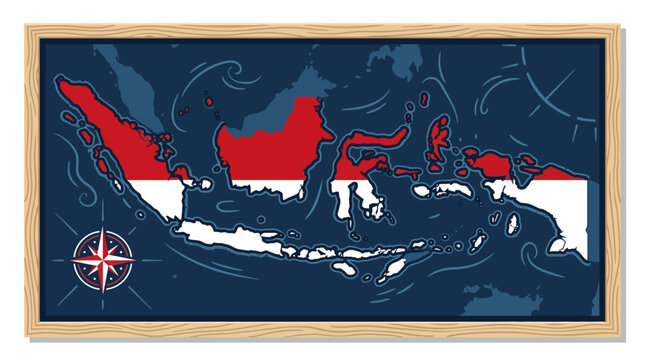 Indonesia map illustration with national flag colors in wooden frame. EPS Editable. Vector Illustrations.