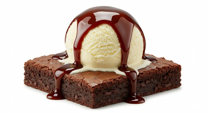 Sweet rich brownie perfectly baked and generously topped with smooth vanilla ice cream and glossy chocolate sauce. AI Generated