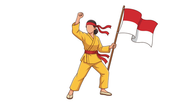 Indonesian female martial artist holding national flag and raising fist in victory illustration. EPS Editable. Vector Illustrations.