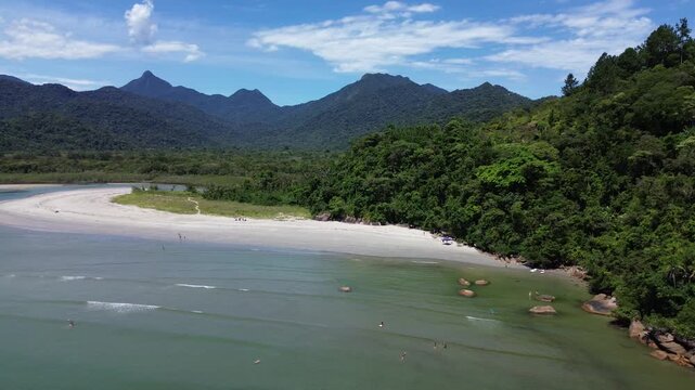 Stunning coastal landscape featuring Praia das Bicas and the majestic Serra do Mar mountain range in Ubatuba, Sao Paulo.