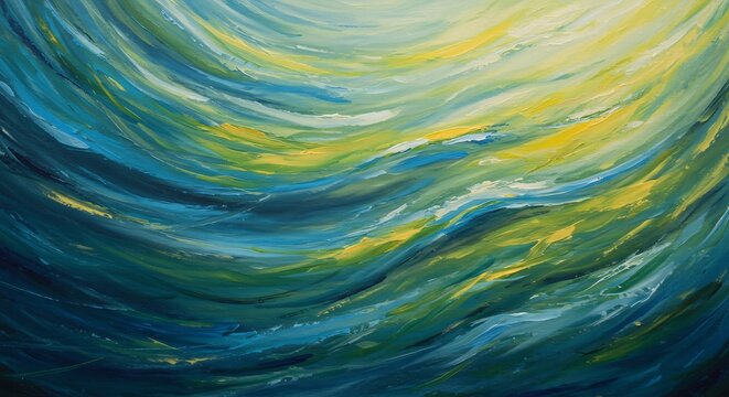 Dynamic painterly brushstrokes capture shimmering light on abstract ocean currents with a flowing blue green yellow texture. AI Generated