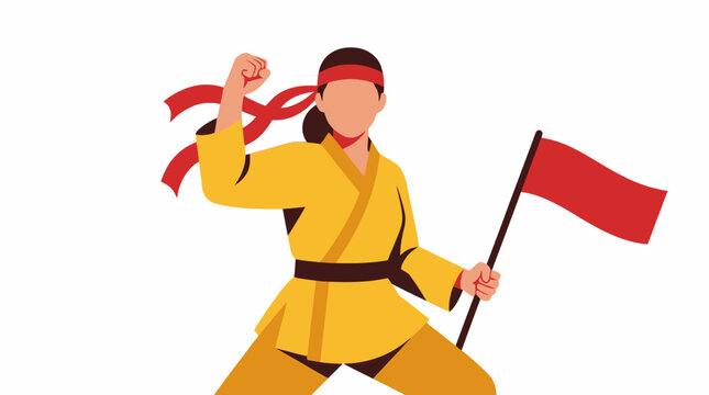 Indonesian female martial artist holding national flag in silat stance vector illustration. EPS Editable. Vector Illustrations.