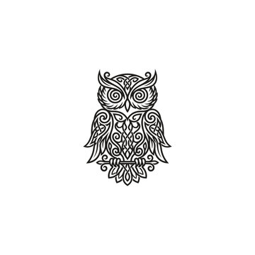 Black and white owl with intricate tribal tattoo design