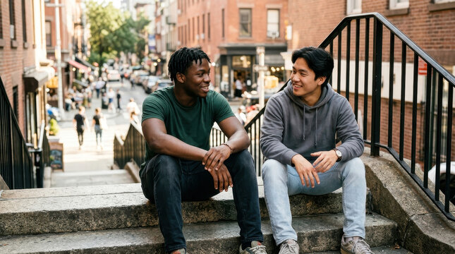 Two young men sharing a friendly conversation while sitting on outdoor stairs in a city