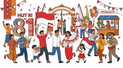 Fototapeta premium Indonesian Independence Day celebration illustration with people holding flags and playing traditional games. EPS Editable. Vector Illustrations.
