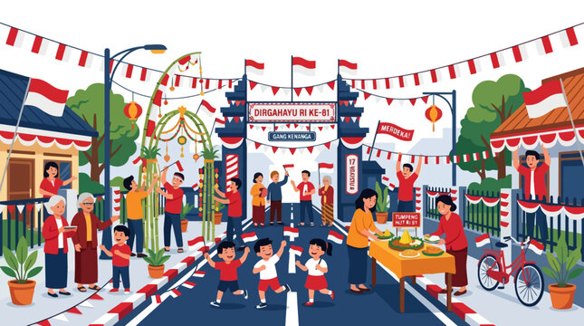 Indonesian Independence Day celebration illustration with people decorating the street and celebrating together. EPS Editable. Vector Illustrations.